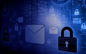 Lock and email images of blue a background of 0s and 1s