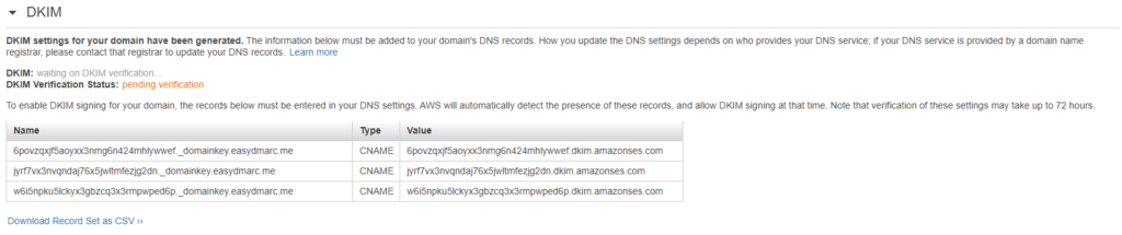 AmazonSES Generate DKIM Settings