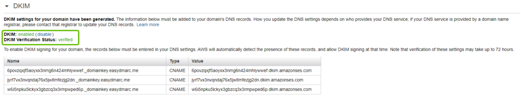 “Enabled” & “Verified” banners amazonSES