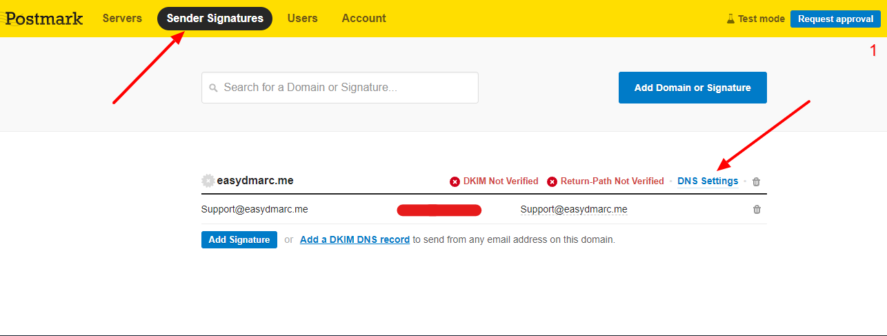 Sender Signatures from your Postmark portal and click on DNS Settings