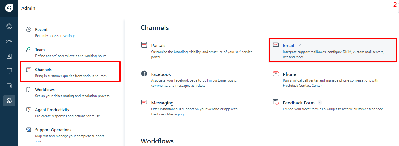 Freshdesk Email settings under the Channels tab