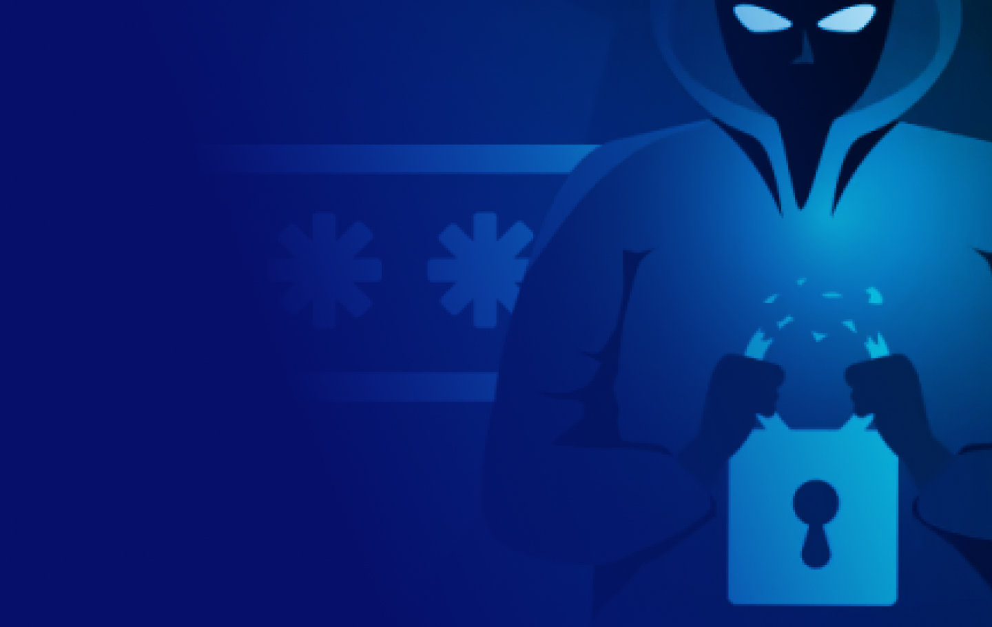Blue cover, a person's image on the right side holding a lock