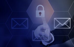 Three email images and a lock image in the middle, a person's hand pointing on the lock