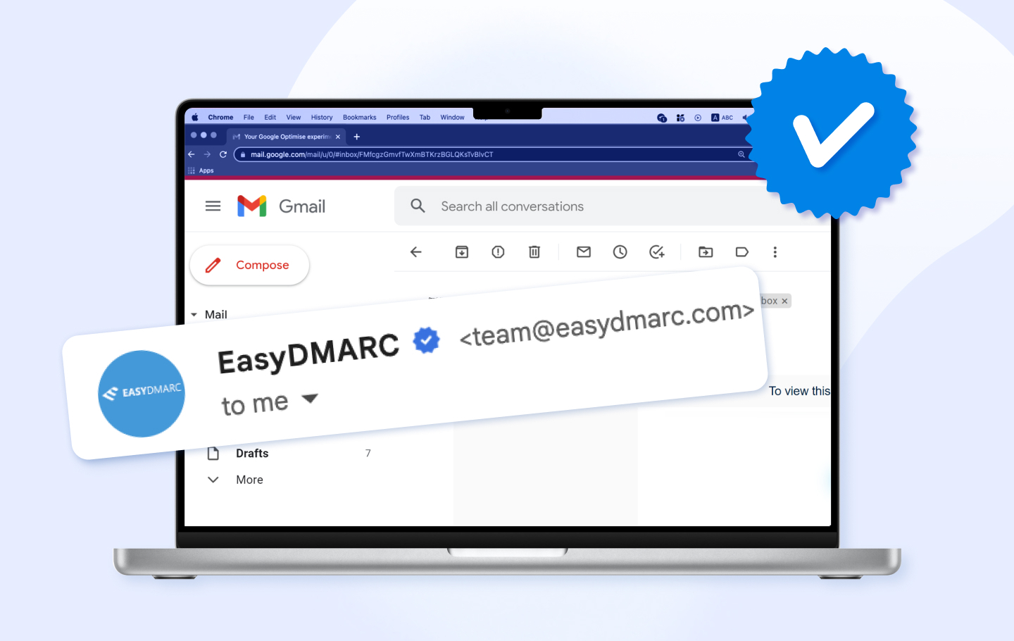 A mockup of a Gmail page with an accent on the Gmail Blue Verified Checkmark