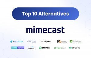 Banner listing the 'Top 10 Alternatives' to Mimecast, featuring logos of various email security and DMARC solutions including EasyDMARC, Valimail, Proofpoint, and others.