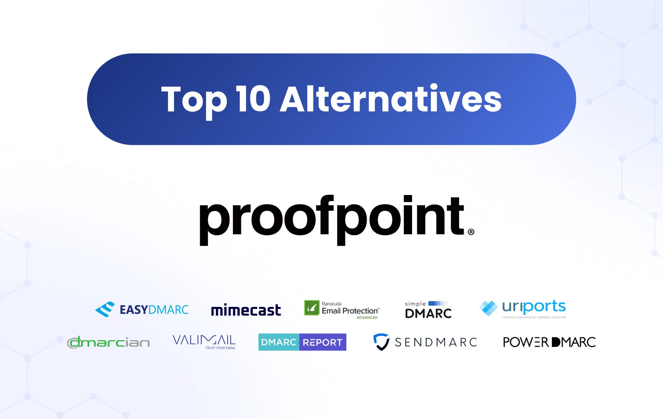 Banner listing the 'Top 10 Alternatives' to Proofpoint, featuring logos of various email security and DMARC solutions including EasyDMARC, Mimecast, Valimail, and others.