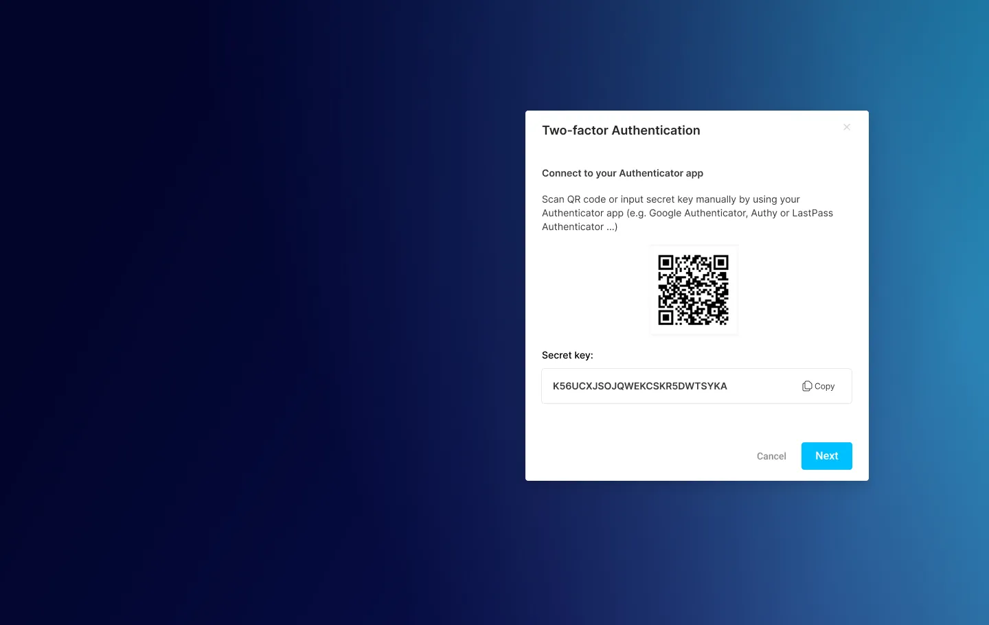 Blue background, a QR on the right side