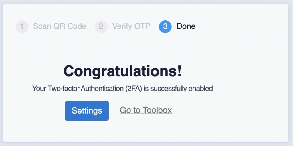final screen of two-factor authentication