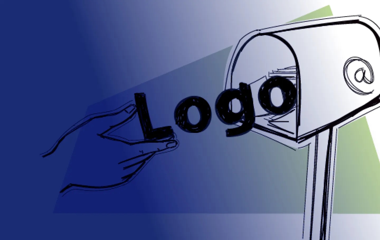 A person's hand pointing to a writing "Logo" on a green and white background