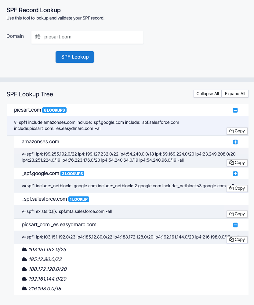 EasyDMARC SPF record Lookup tool example