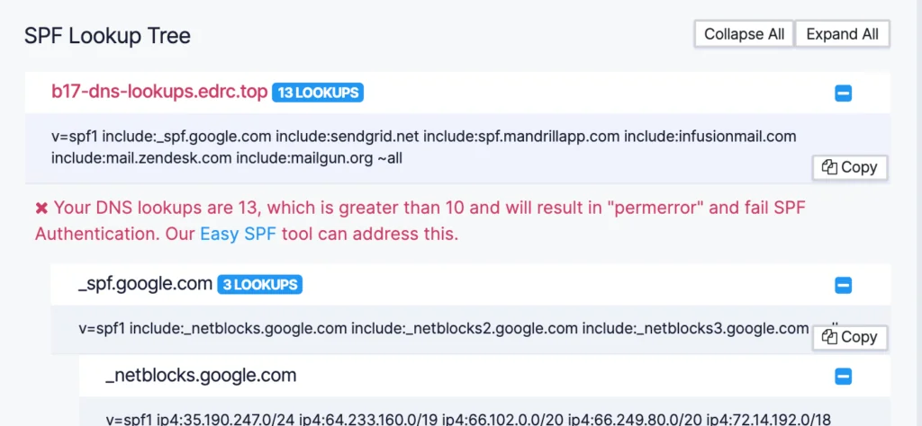 SPF 13 DNS lookups issue