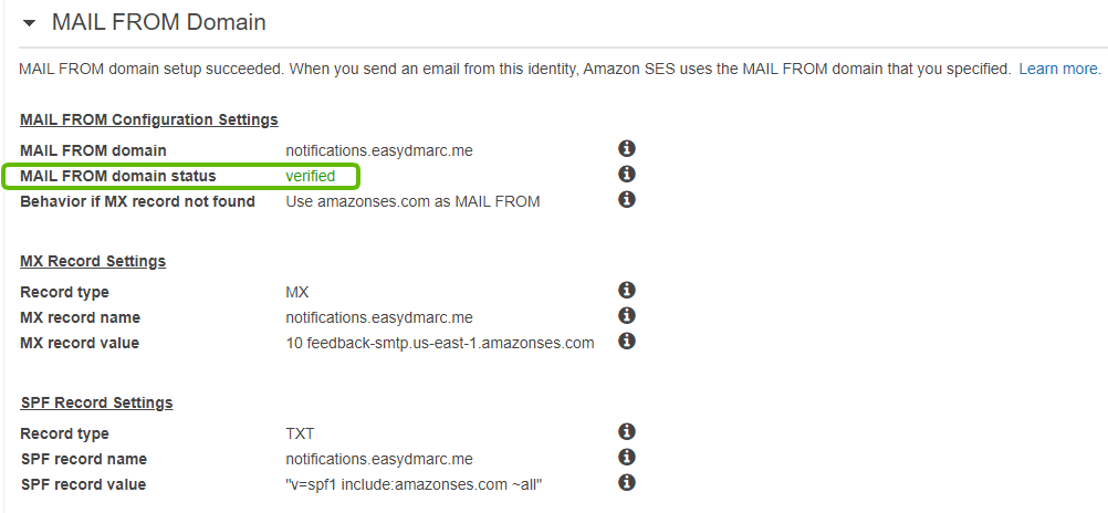 mail from domain verified amazonSES