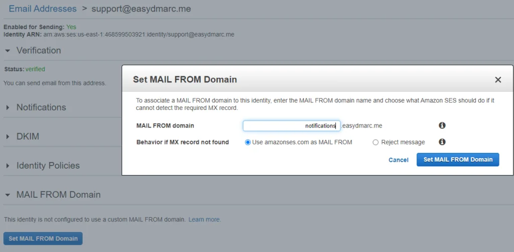 manually update MAIL FROM Domain amazonSES