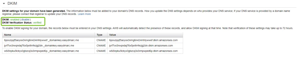 “Enabled” & “Verified” banners amazonSES