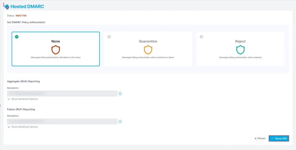 Hosted DMARC setup screen, step 1