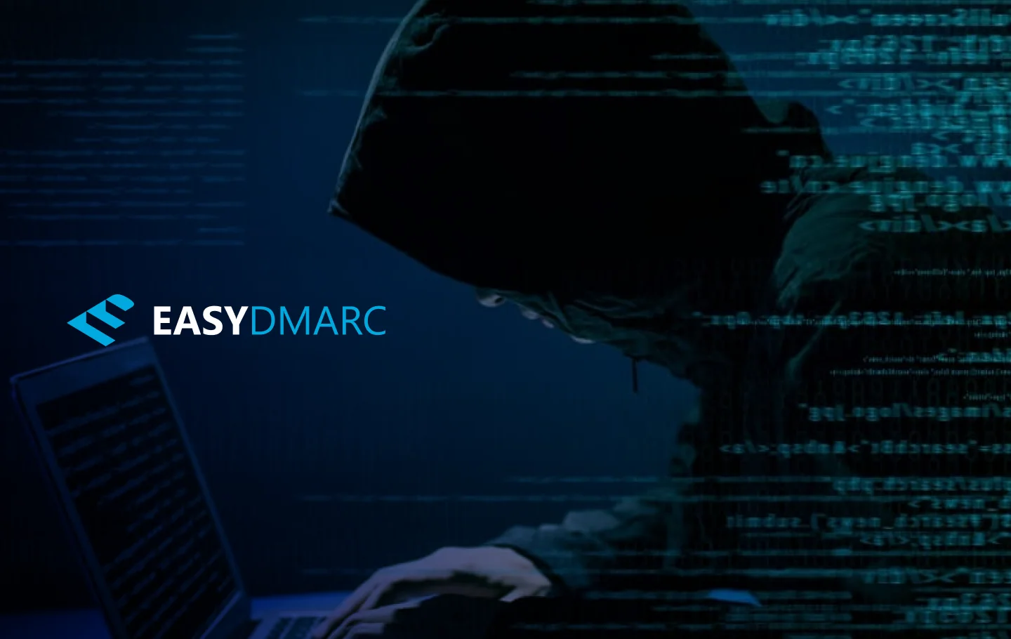 A person with a black hoodie on typing on a laptop, picture covered with the EasyDMARC logo