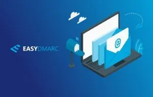 A laptop and letter images on a blue background, EasyDMARC logo on the right side