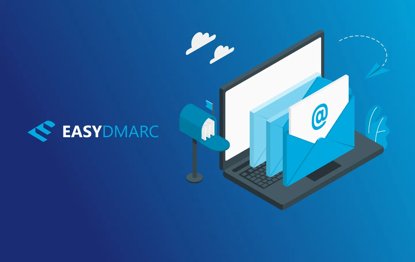 A laptop and letter images on a blue background, EasyDMARC logo on the right side
