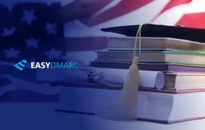 Books on the USA flag background, EasyDMARC logo on the left side