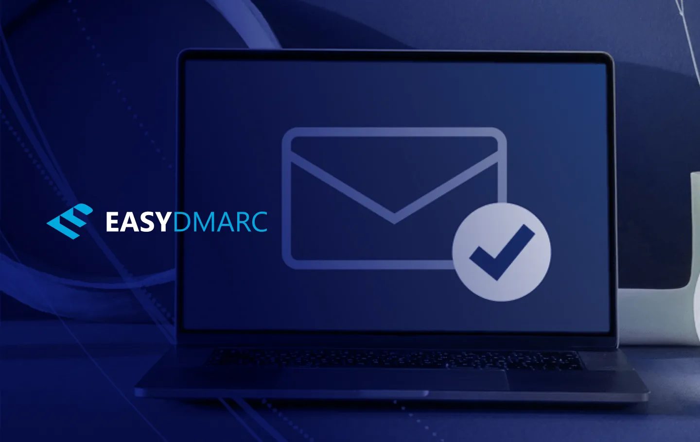 A laptop and email image on it's screen, EasyDMARC logo on the left side