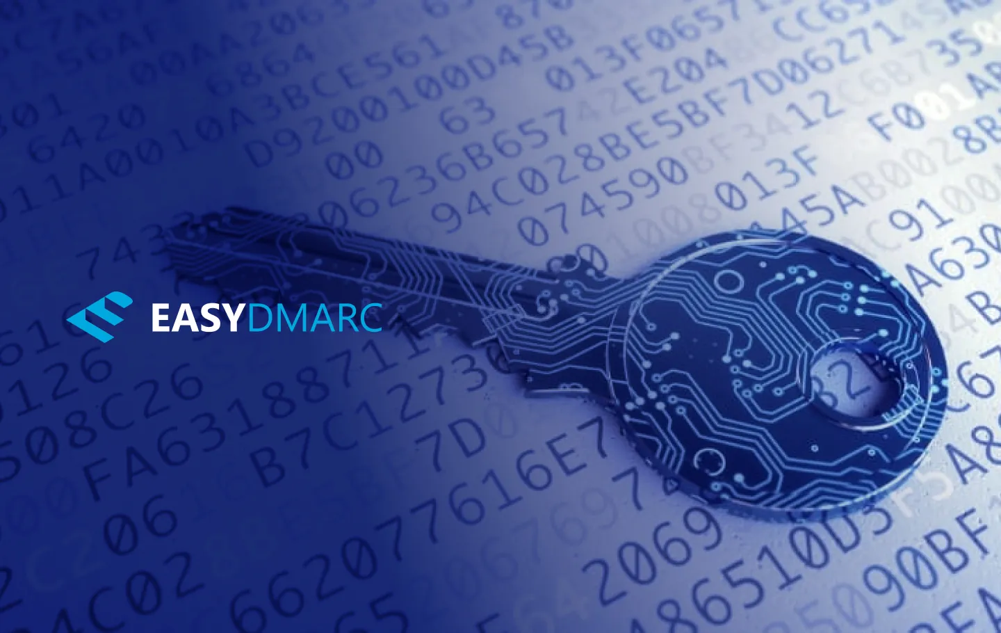 Image of a key with number and lettter combinations on it, EasyDMARC logo on the left side
