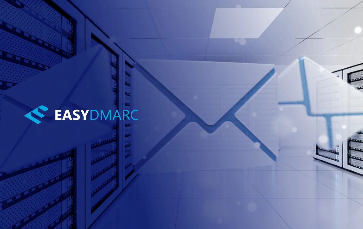 A letter image and the EasyDMARC logo on the left side on a blue background