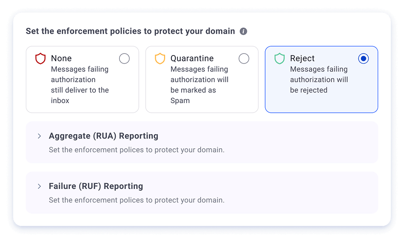 DMARC enforcement policy settings panel