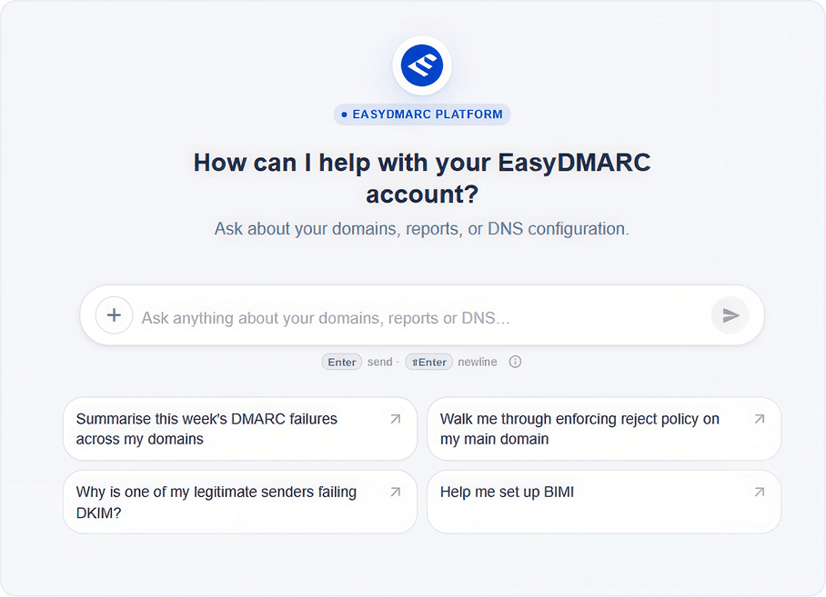 EasyDMARC AI Agent chat panel answering an authentication question