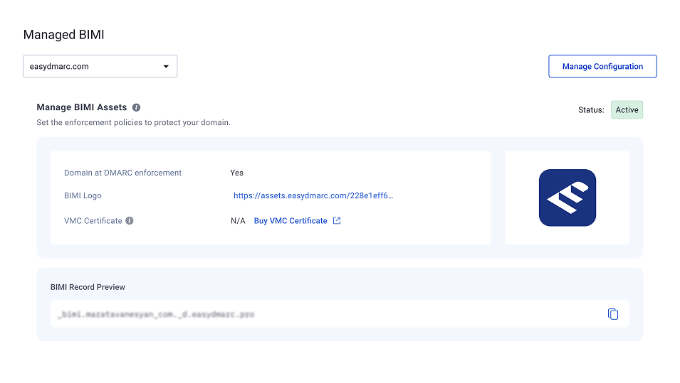 Managed BIMI dashboard with logo, VMC, and DNS record status by domain