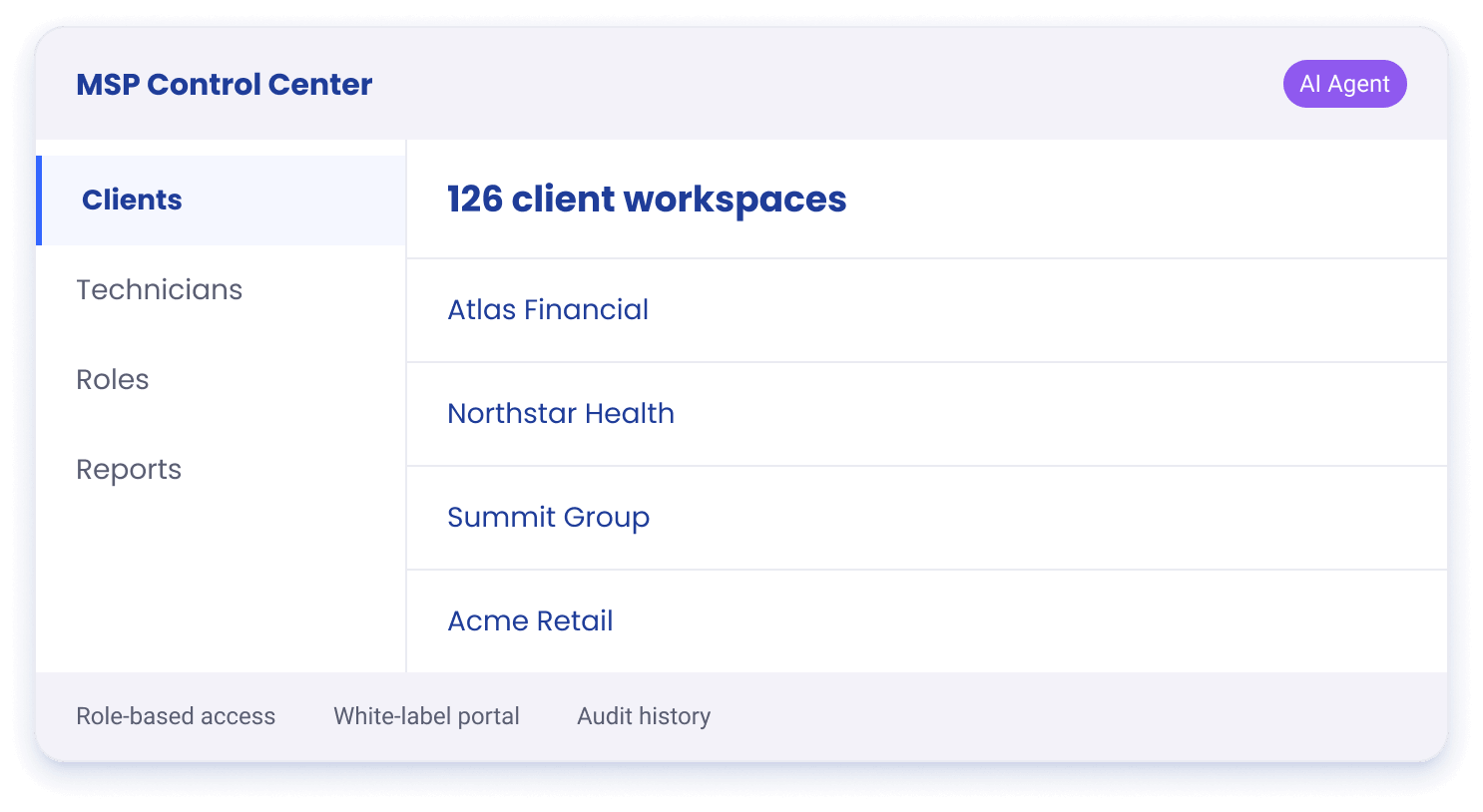 MSP Control Center with client workspaces and roles
