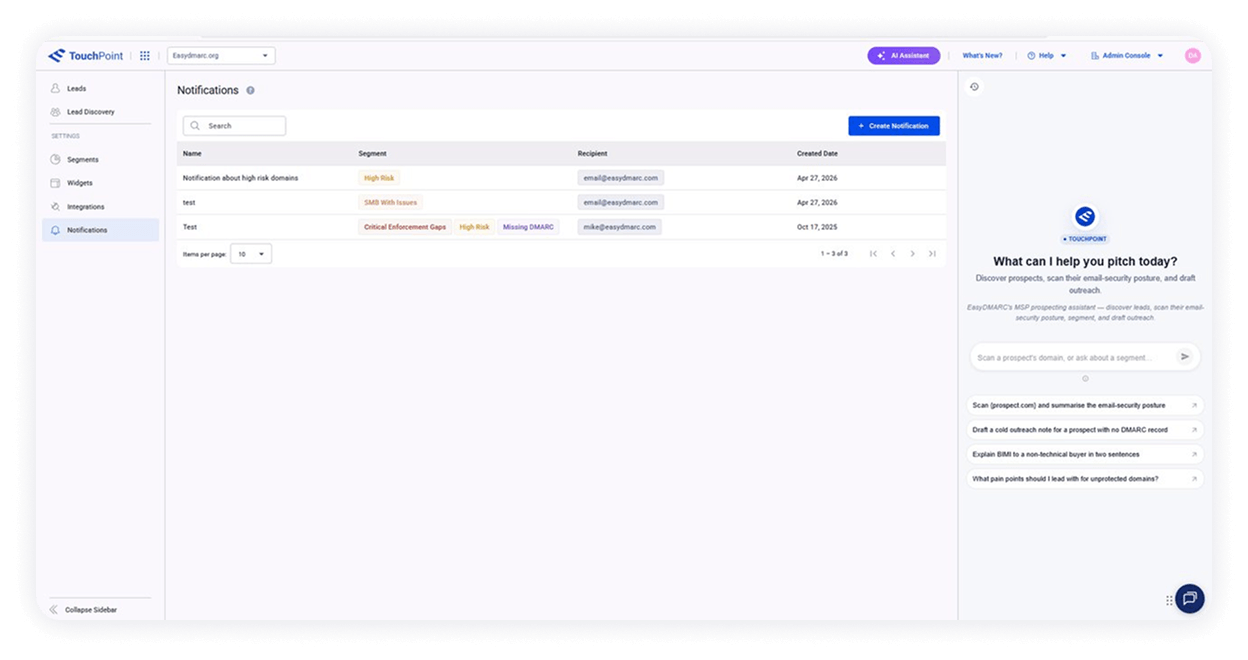 TouchPoint AI assistant answering an MSP sales question in a chat panel