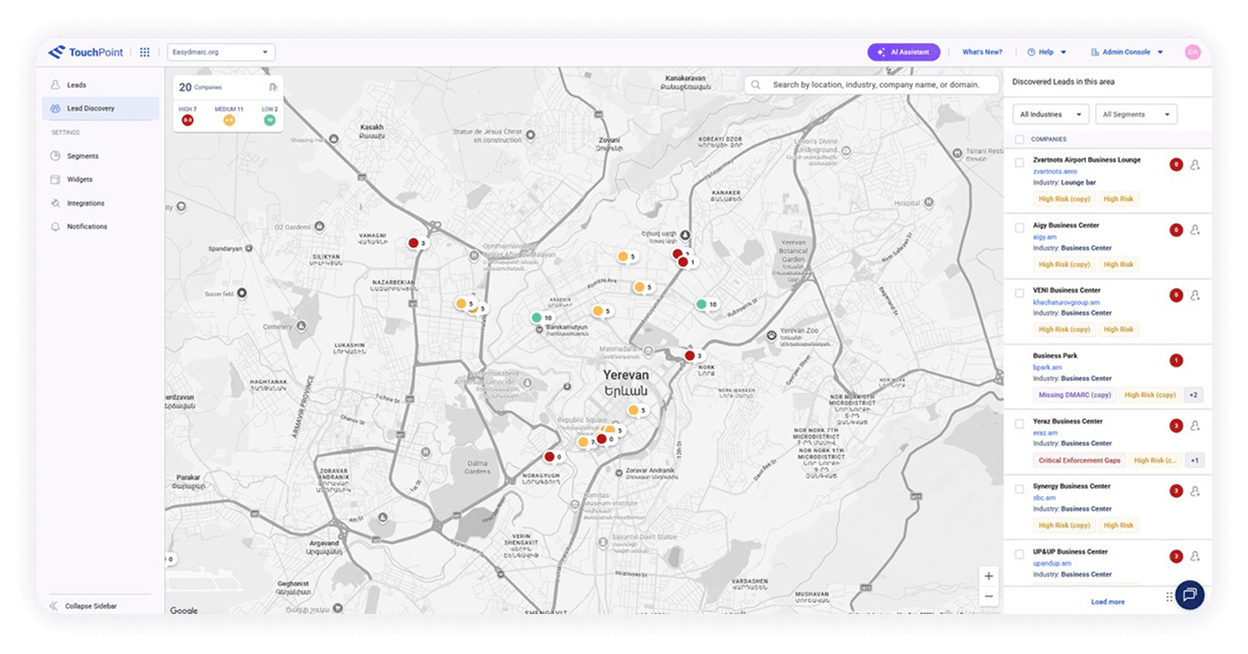 TouchPoint prospect map showing local businesses scored by email security risk