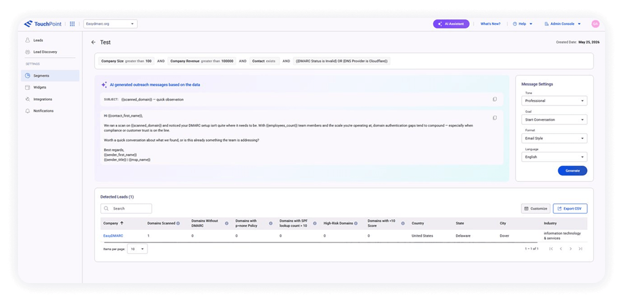 AI-generated MSP outreach message drafted from a prospect’s security scan data